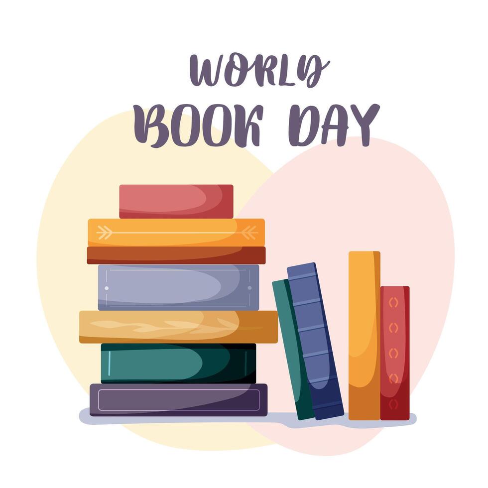World book day. Stack of various books. Pile of colorful books. Hand drawn educational vector illustration. Bookstore, bookshop, book lover concept.