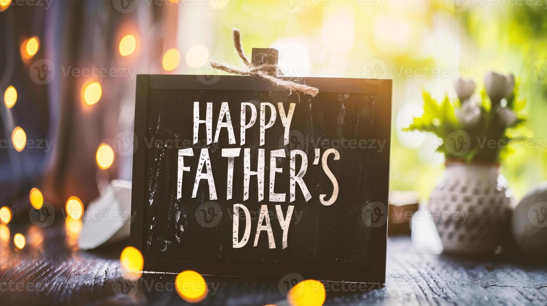 AI generated Happy Father's Day text on chalkboard with bokeh lights background photo