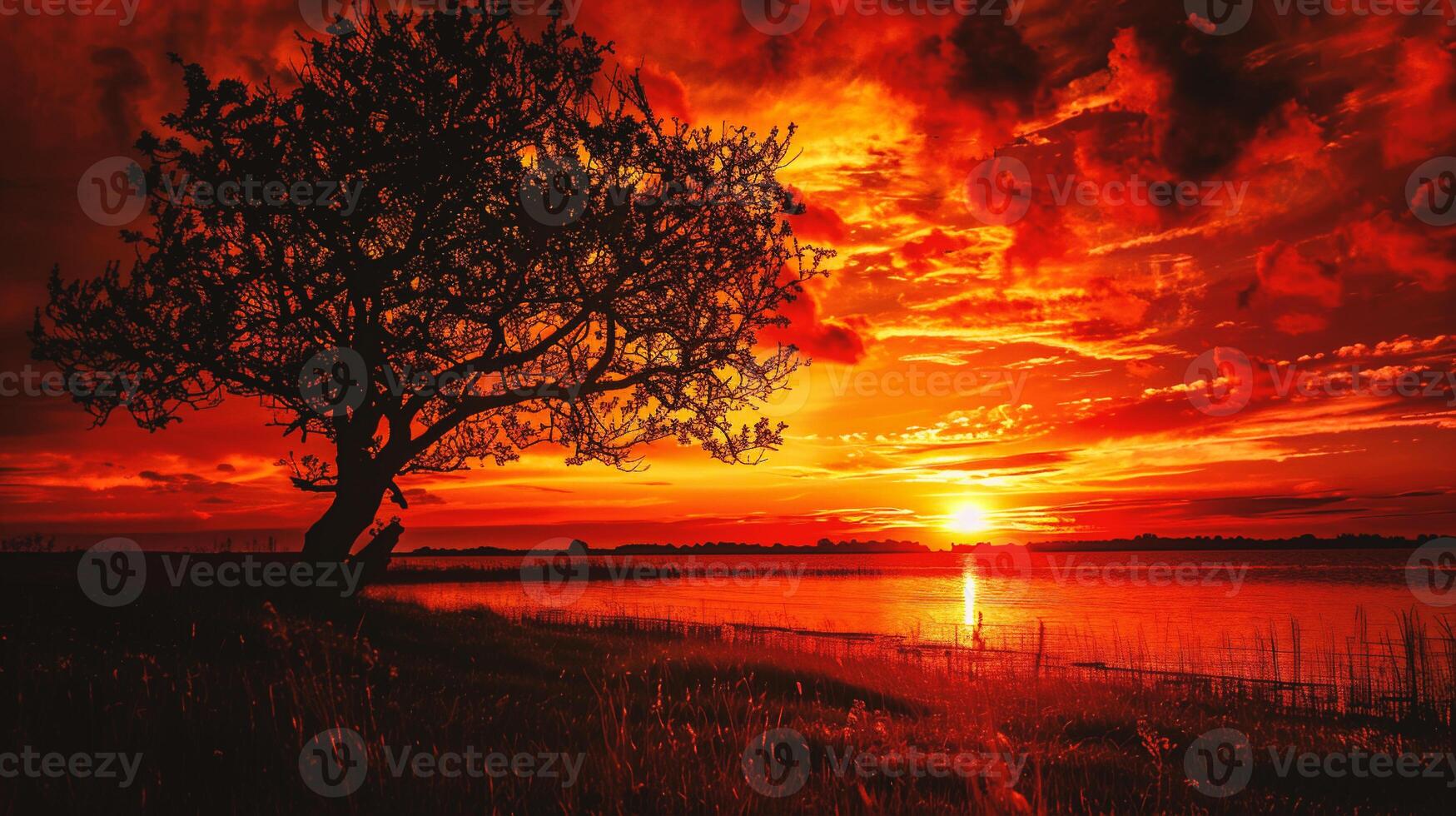 AI generated Beautiful sunset over the lake with tree silhouette. Natural background. photo