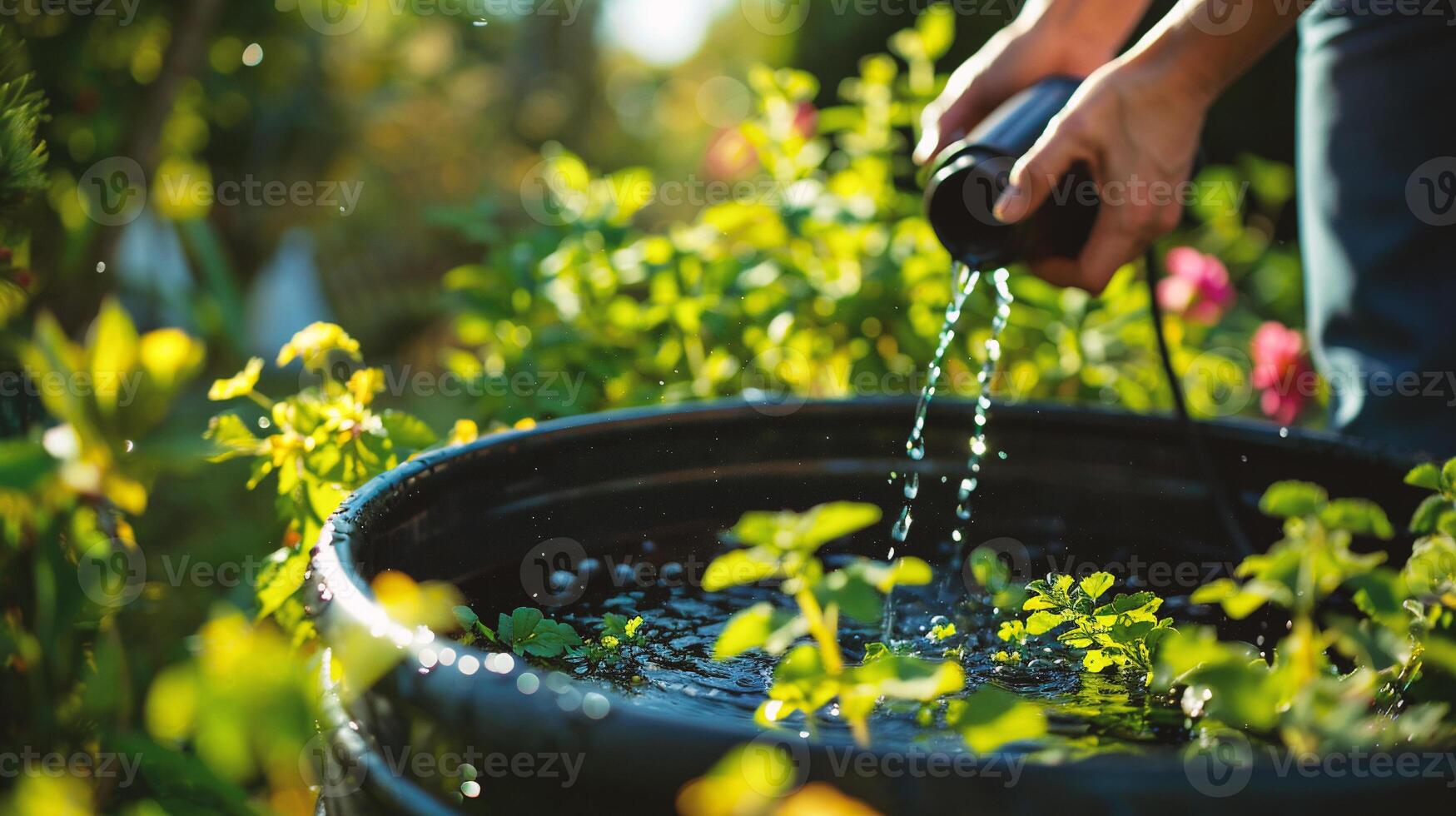 ai generado manos de un hombre torrencial agua desde un riego lata en un jardín foto