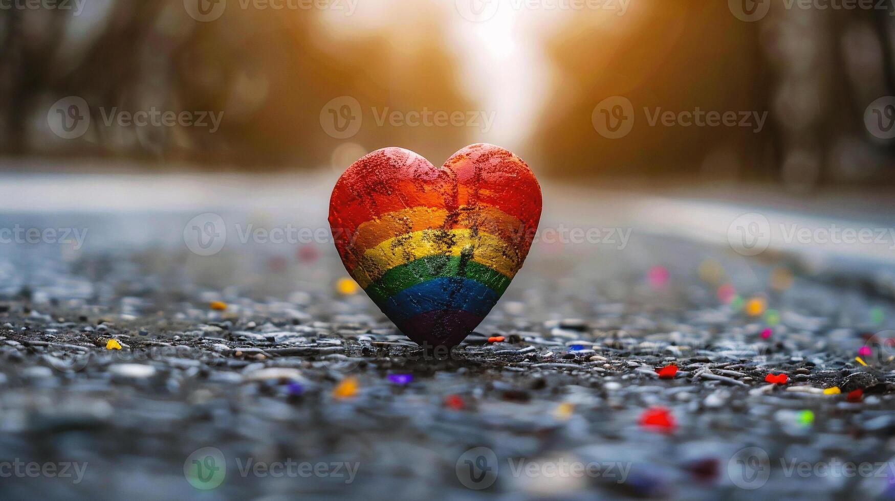 AI generated Rainbow heart on a wet asphalt in the park. LGBT concept. photo