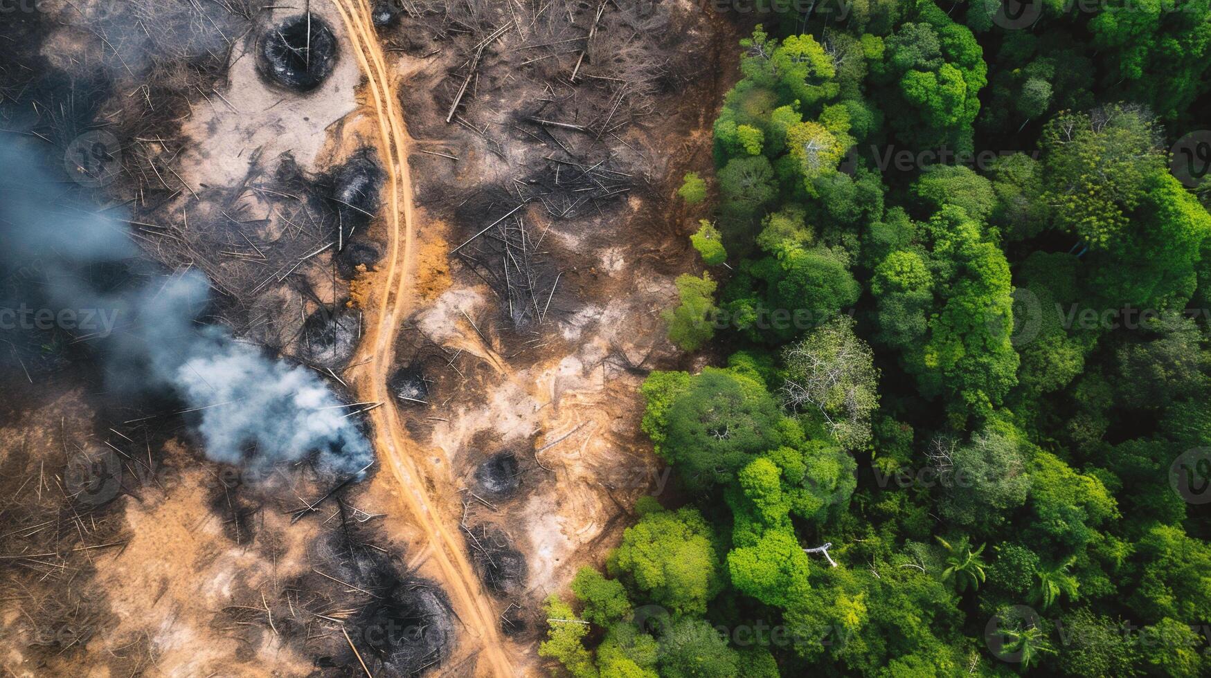 AI generated Aerial view of a forest fire in the middle of the forest photo