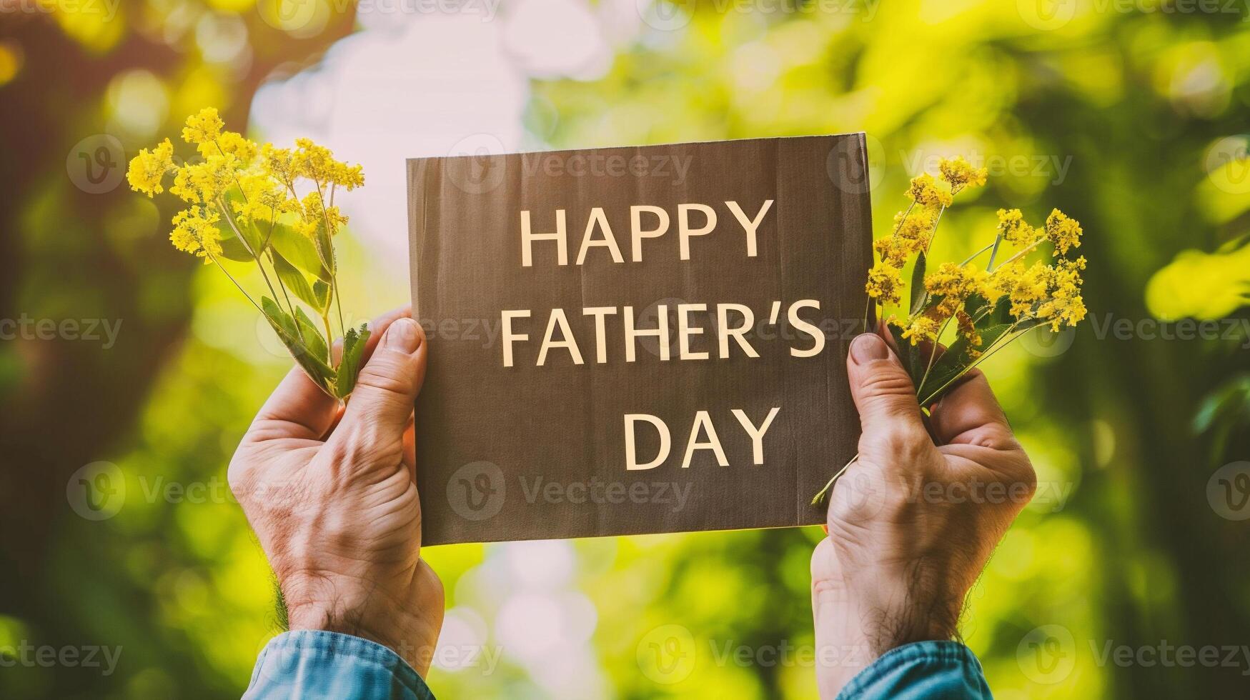 AI generated Hands holding cardboard with happy father's day text on nature background photo