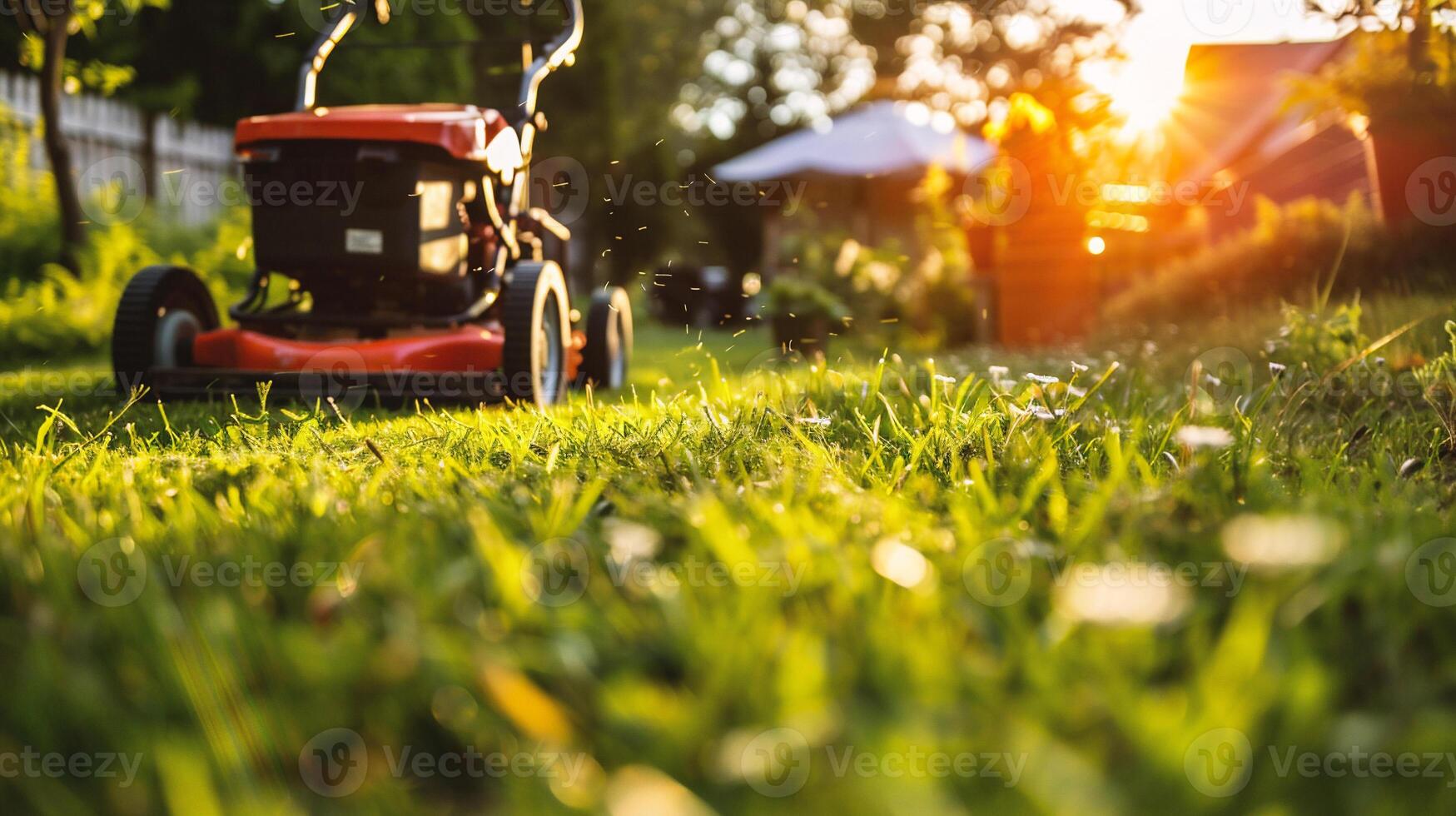 AI generated Lawn mower on green grass in the garden. Gardening concept. photo