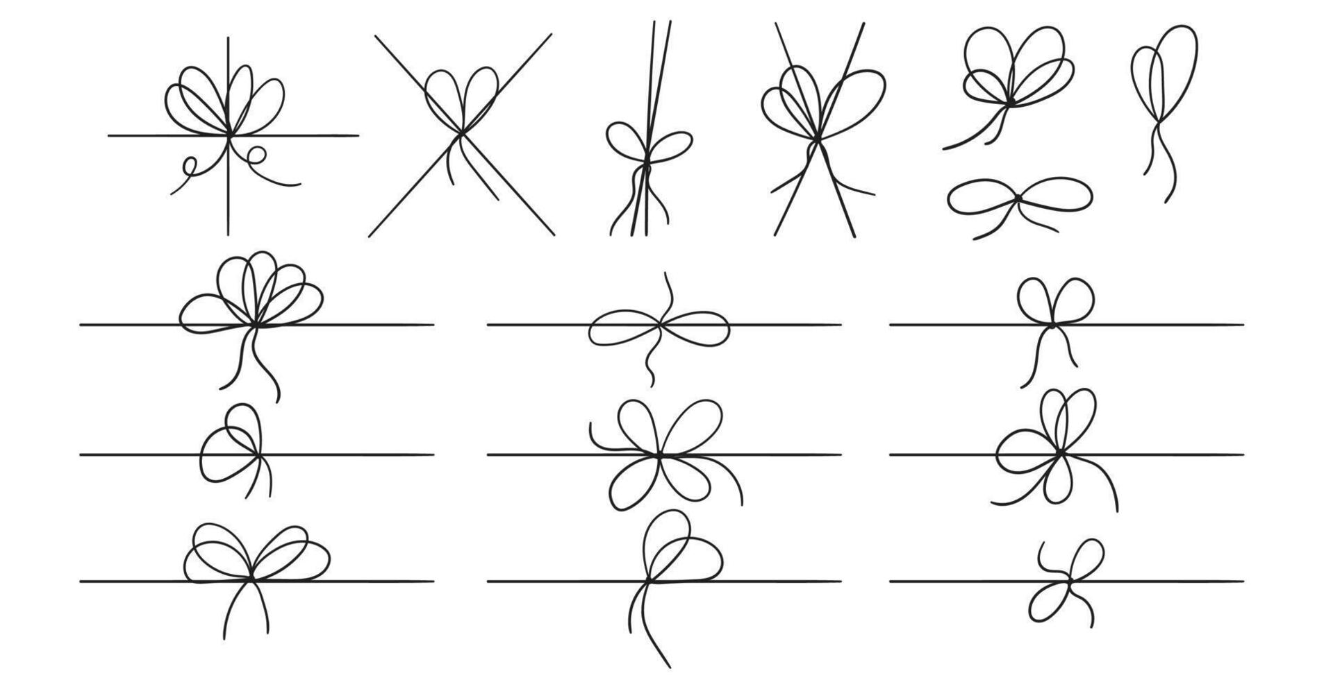 A line of bows on a ribbon to decorate a gift. doodle style ropes, simple thin vector