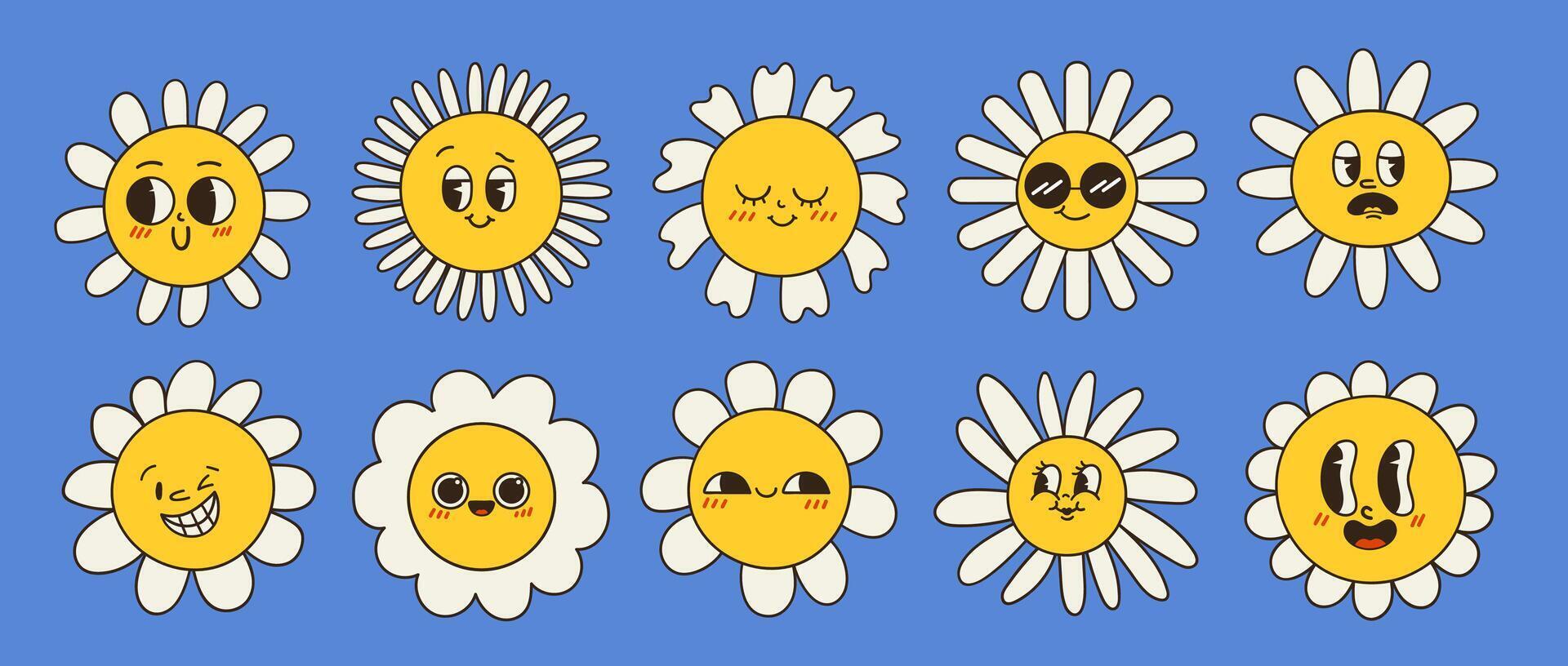 Collection of magnificent chamomile flowers. Retro daisy smiles in cartoon style. Set of happy 70s stickers. Vector graphic illustration in hippe style.