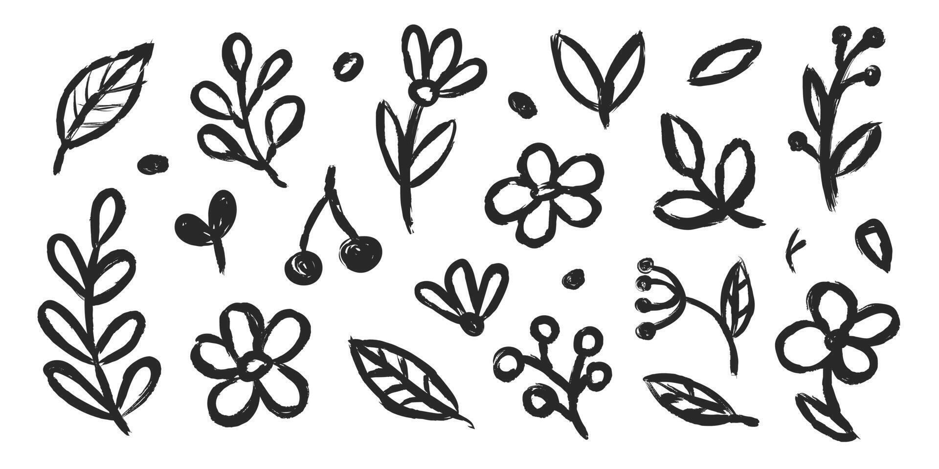 Floral doodle hand drawn with grunge brush texture. Vector simple flower, leaf brush stroke.