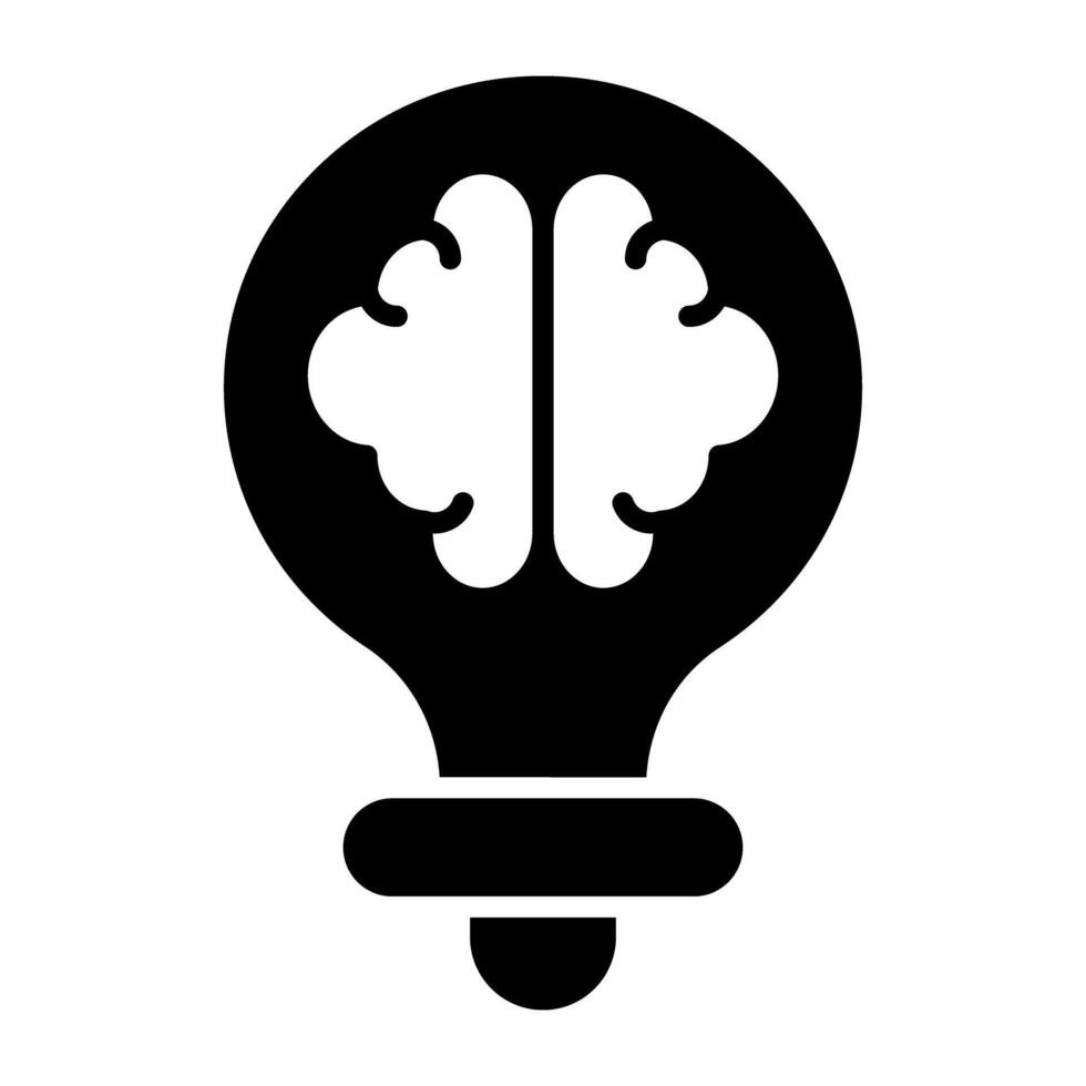 Brain inside light bulb, solid design of brainstorming vector