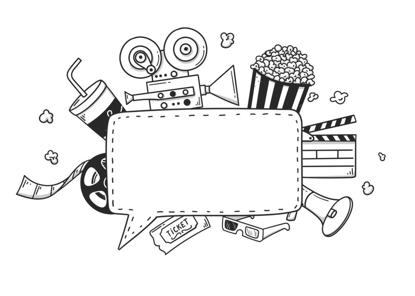 Cinema. Hand drawn doodle of movie camera, clapperboard, movie reel and cassette, popcorn in striped box, movie ticket and 3D glasses, director's chair, loudspeaker, drink with straw, masks. vector