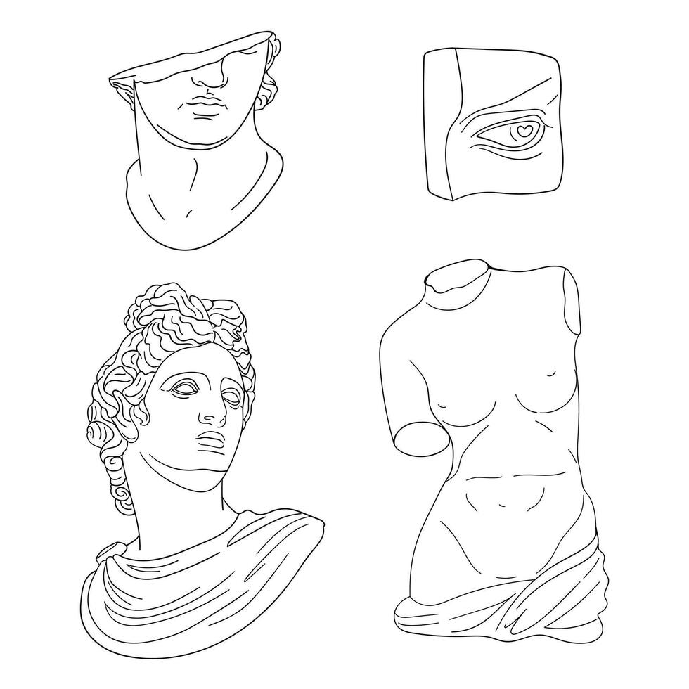 conjunto de antiguo griego esculturas vector ilustraciones de antiguo clásico estatuas en garabatear estilo.