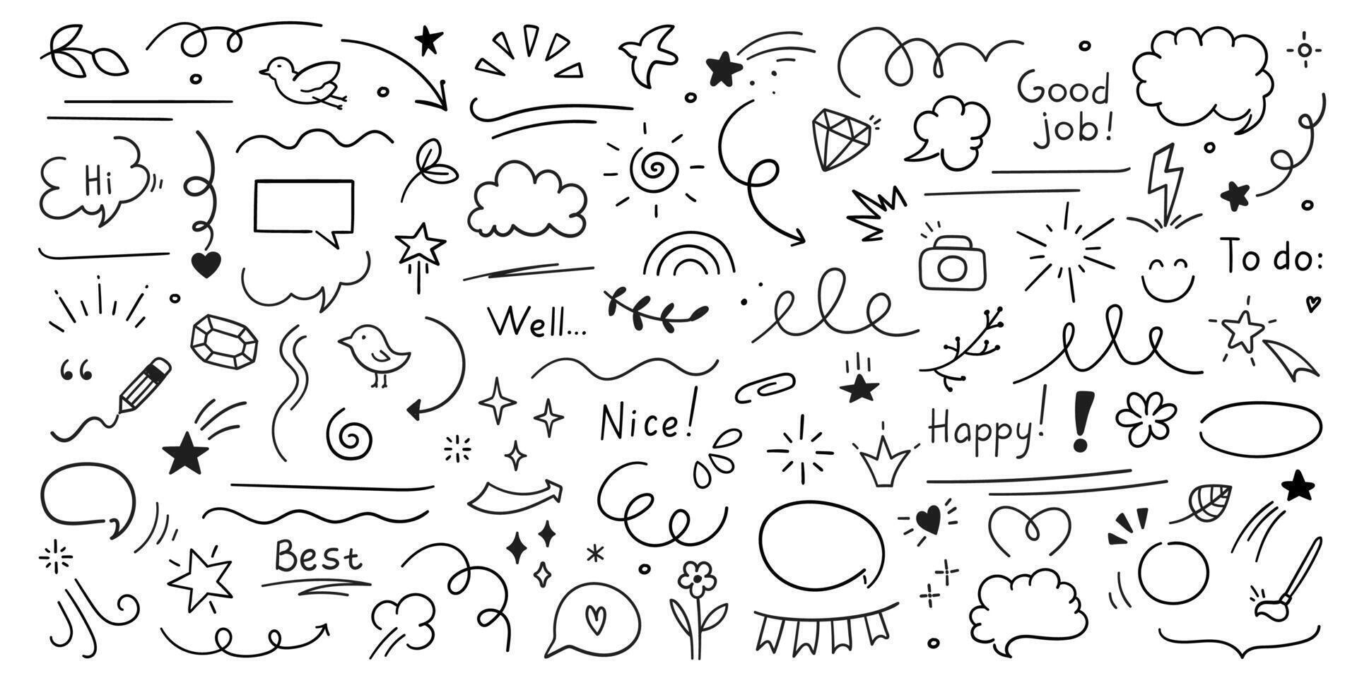 Cute Doodle pen line elements. Heart, bubble, doodle, arrow, star, icon, shiny ornaments set. Simple drawing in line style sketch, attention, lettering, text, pattern elements. Vector illustration.