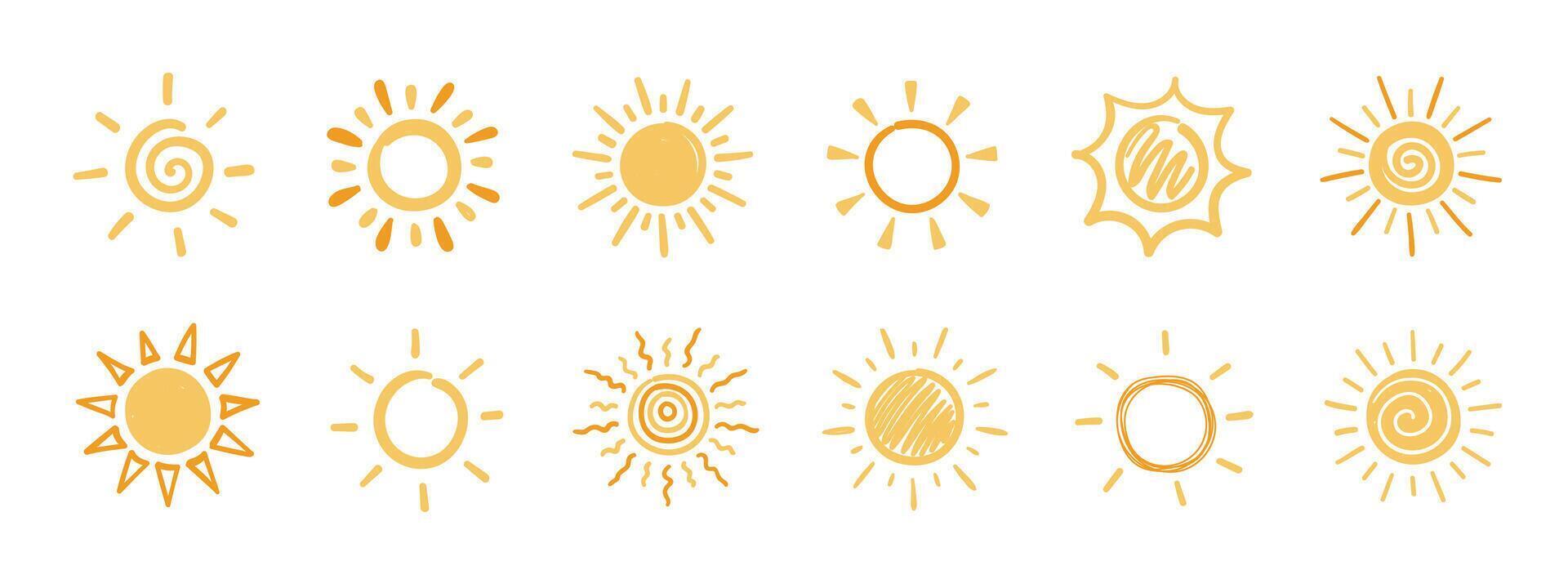 Cute doodle sun set. Set of illustrations in hand drawn style. vector