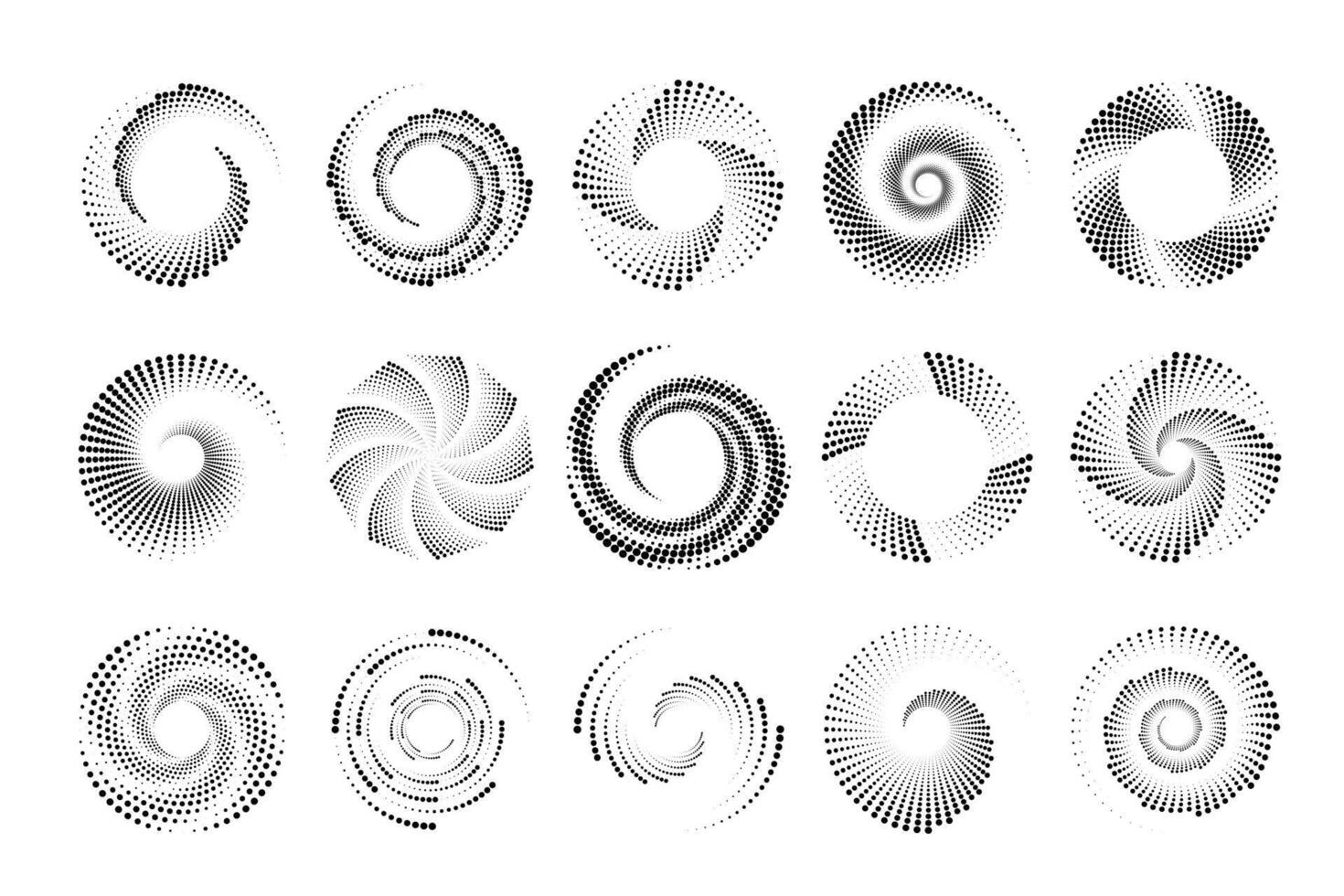 Swirl dotted halftone icons. Vortex digital futuristic logos set. Vector geometric shapes