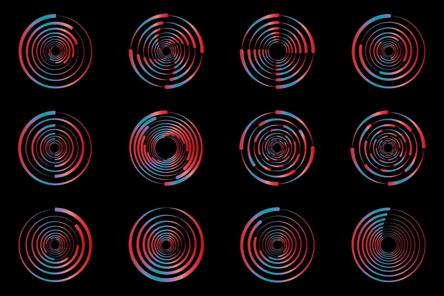 Set halftone dashed speed lines. Design element for frame, logo, tattoo, web pages, prints, posters, template. Velocity lines in the shape of a circle. Geometric art. Abstract vector background
