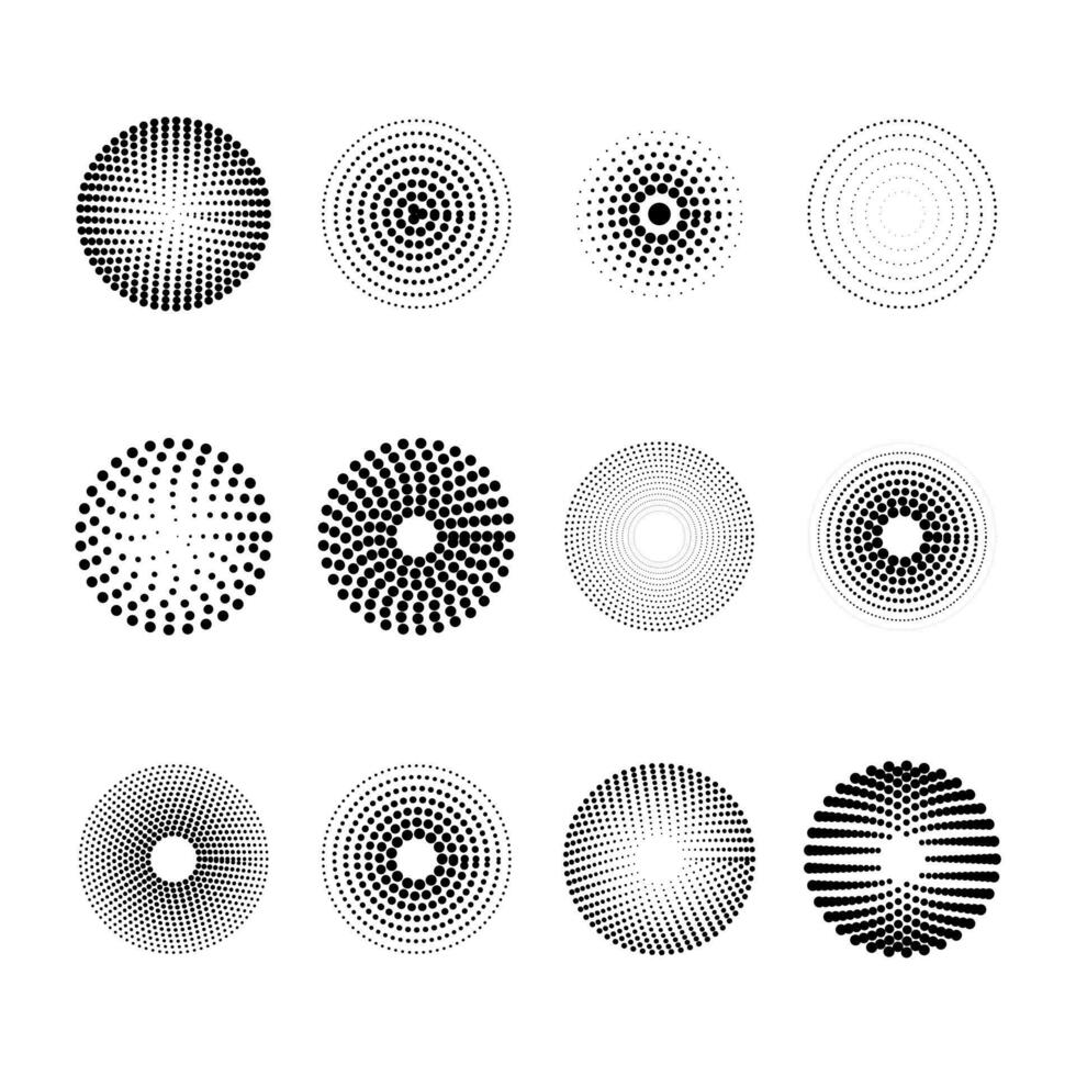 resumen círculos desde puntos desvanecimiento a el centro. conjunto de punto rociar o cepillo vector objetos en un blanco antecedentes