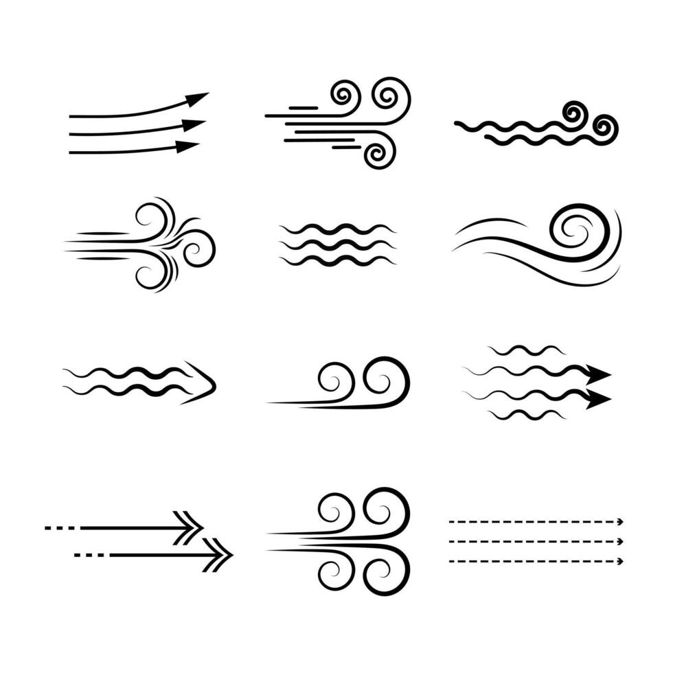 Wind blowing linear icons set, black silhouette icons smell swirling air or fog. Vector elements isolate