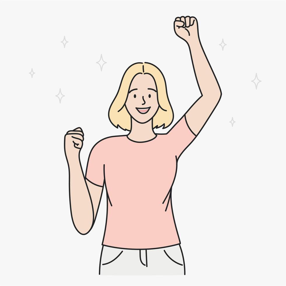 happy girl rejoices and smiles. vector illustration in cartoon linear style