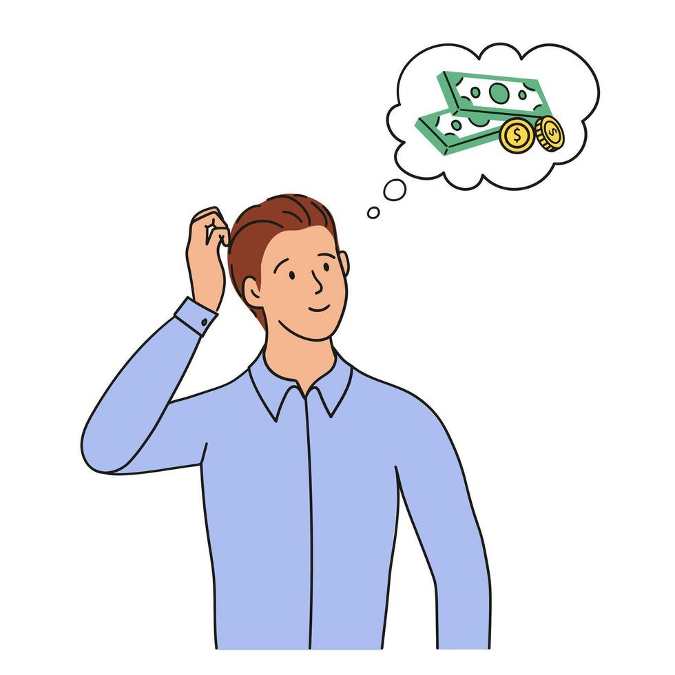 a man dreaming of money. Hand drawn illustration vector design.