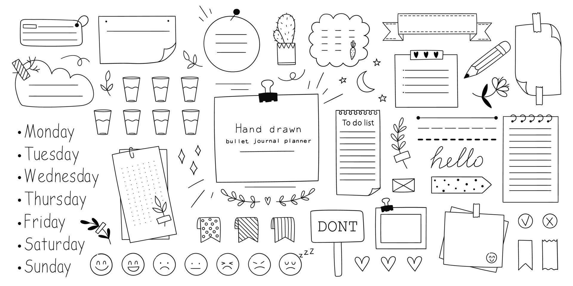 Set of hand drawn bullet journal elements. Doodle style doodles. Vector illustration