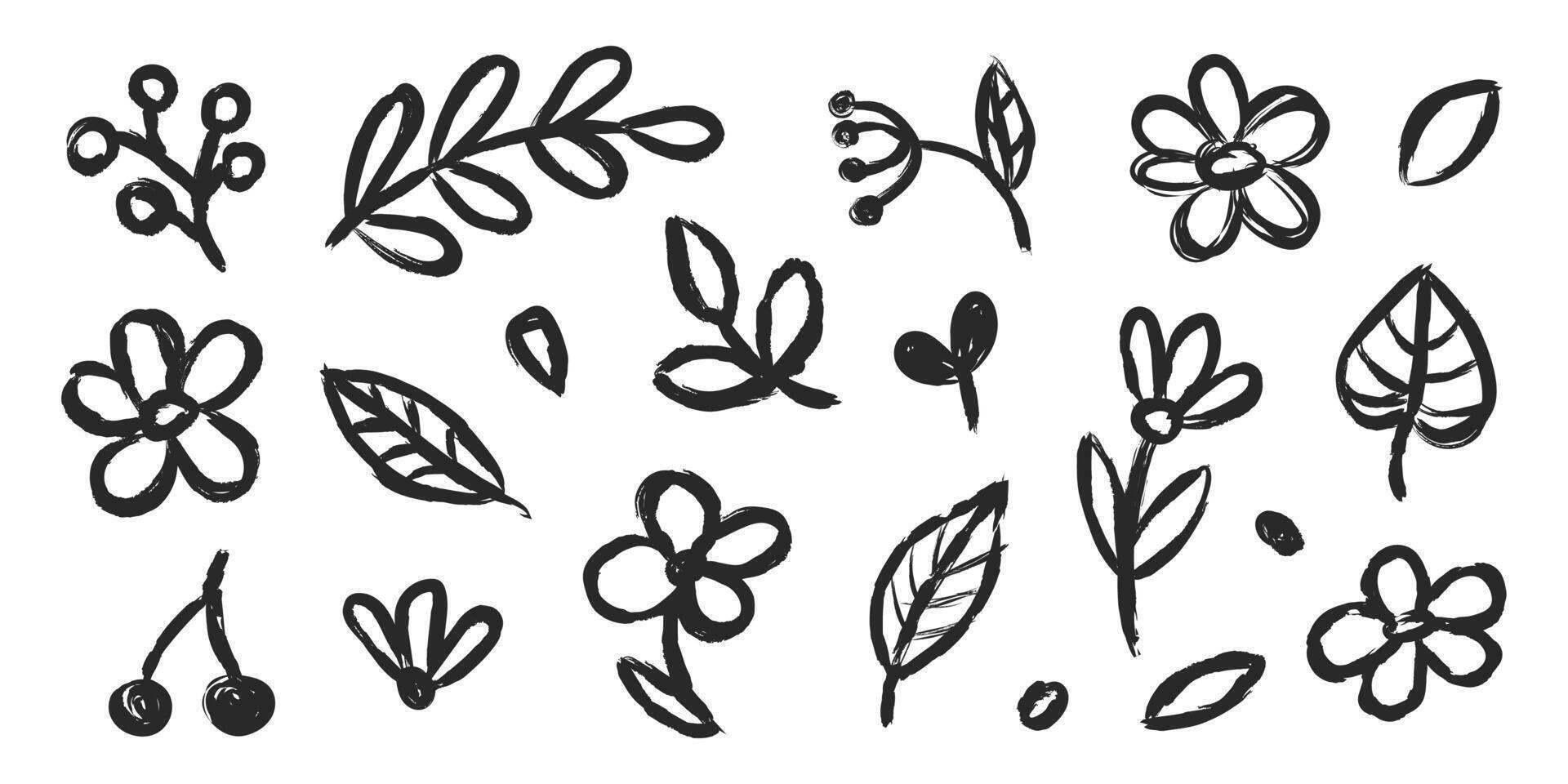 Floral doodle hand drawn with grunge brush texture. Vector simple flower, leaf brush stroke.