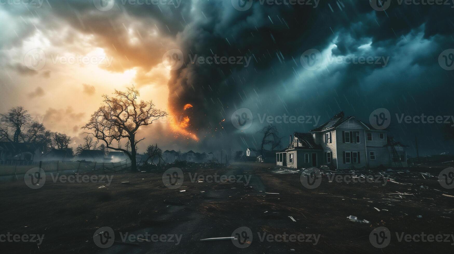 ai generado peligroso tornado terminado un casa en el medio de el bosque foto