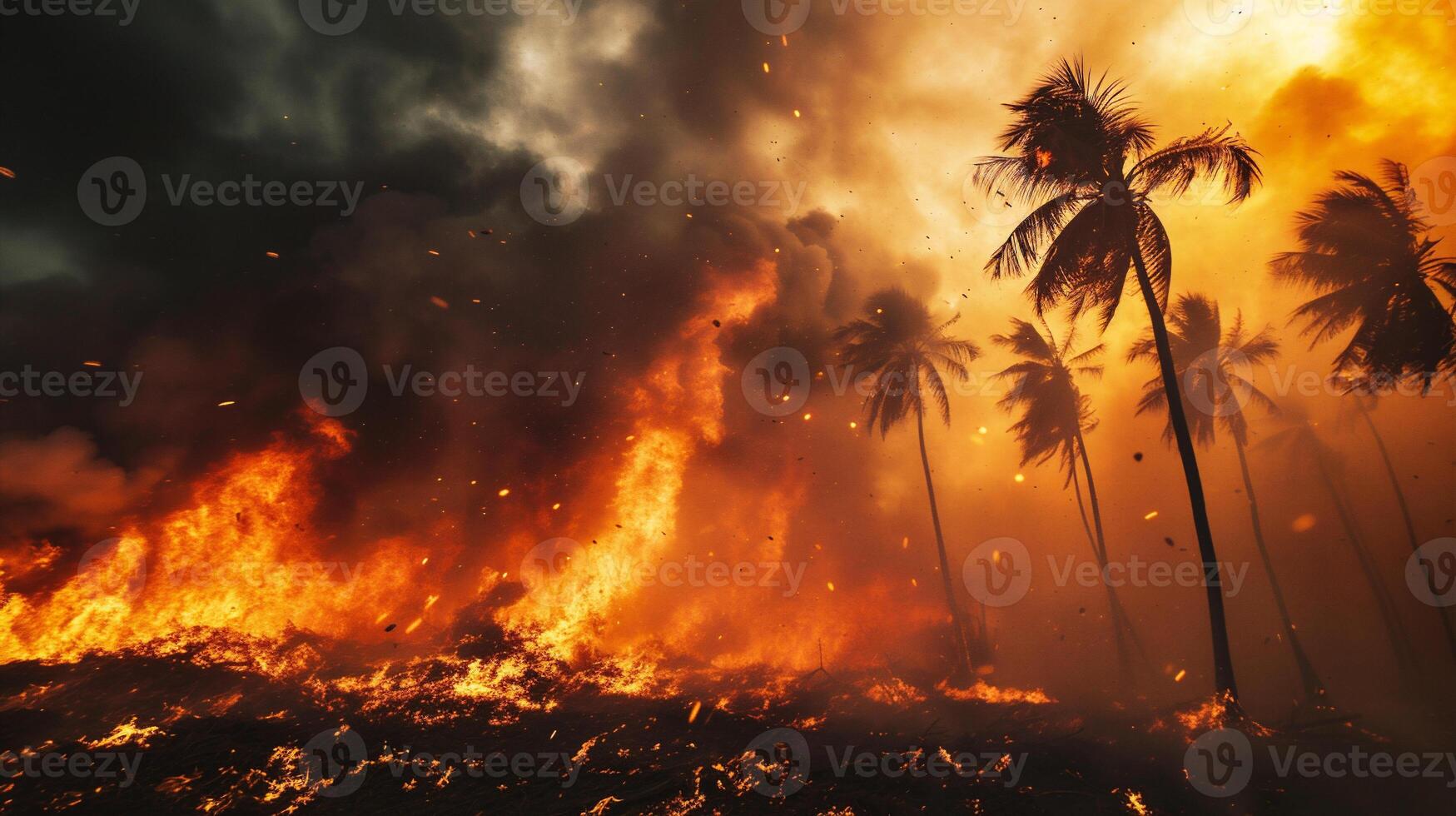 AI generated Burning palm trees in the night. Conceptual image of disaster photo