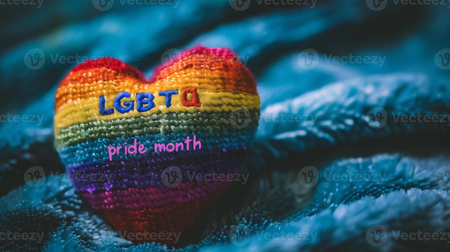 AI generated LGBTQ rainbow heart on a blue knitted background. LGBT community concept. photo