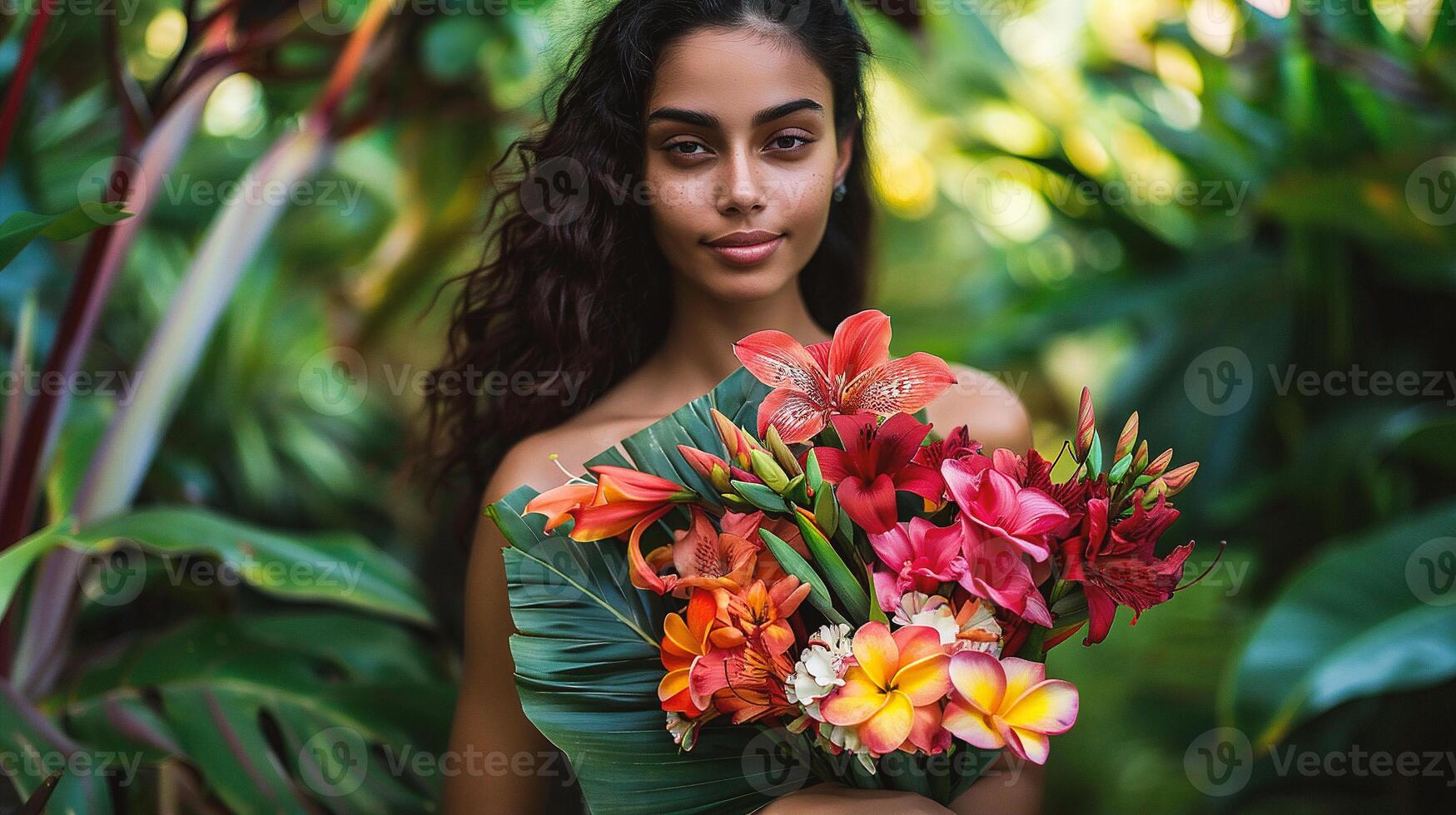 AI generated Portrait of beautiful young woman holding bouquet of flowers in tropical garden photo