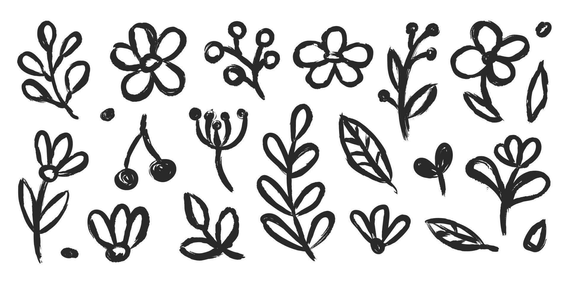 Floral doodle hand drawn with grunge brush texture. Vector simple flower, leaf brush stroke.