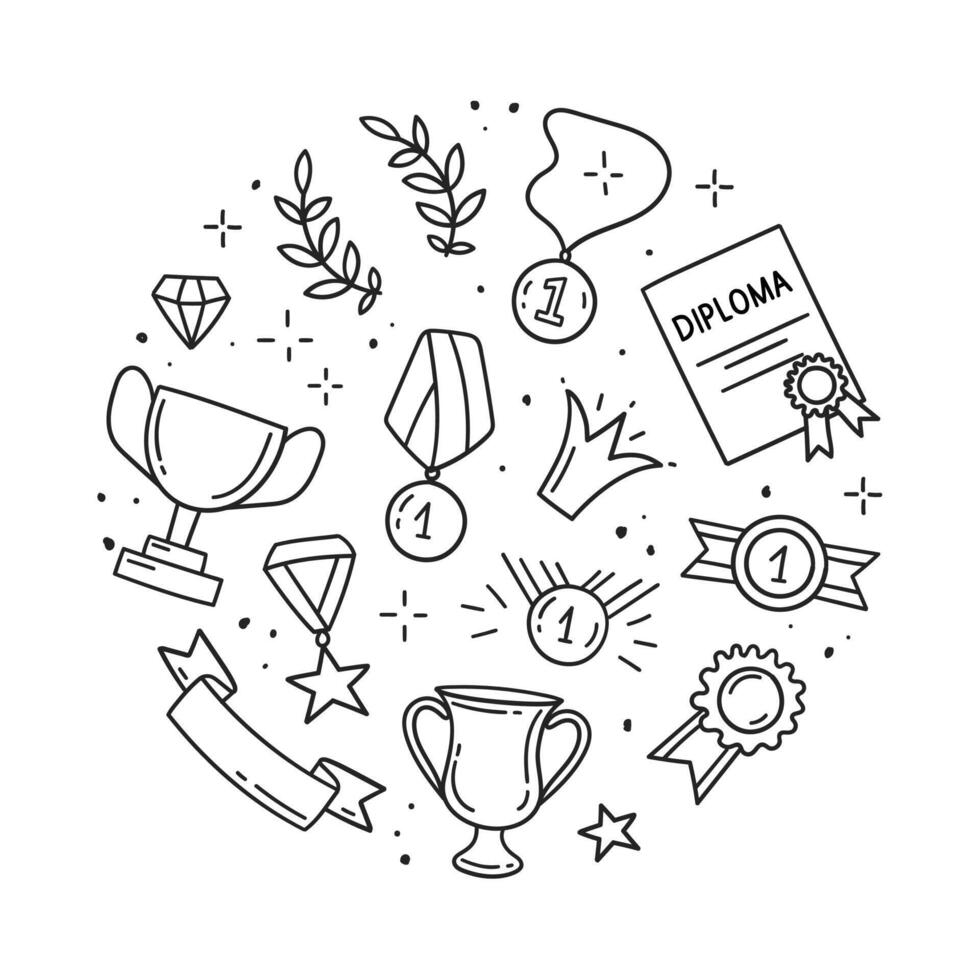 Awards, champion, winner doodle set. Trophy cups, medals, orders, winner's flag, ribbon. First place elements. hand drawn doodles. vector