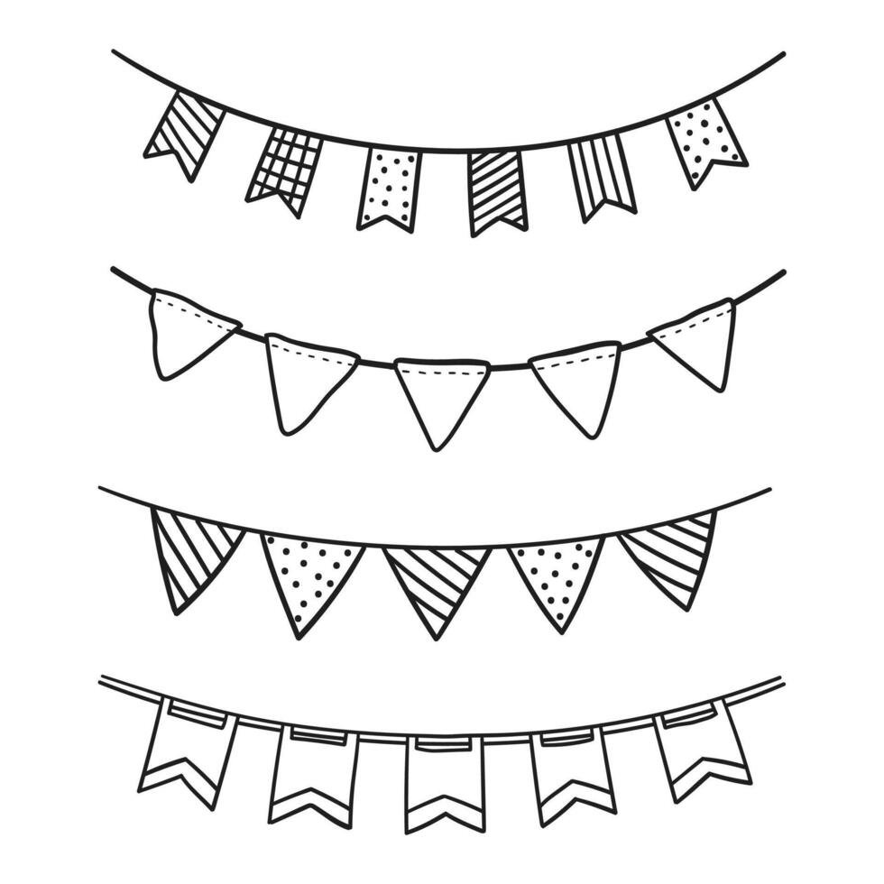 Set of Doodle flags for decoration. Garland black lines sketch. hand drawn vector illustration. Drawing doodles. holiday oatmeal