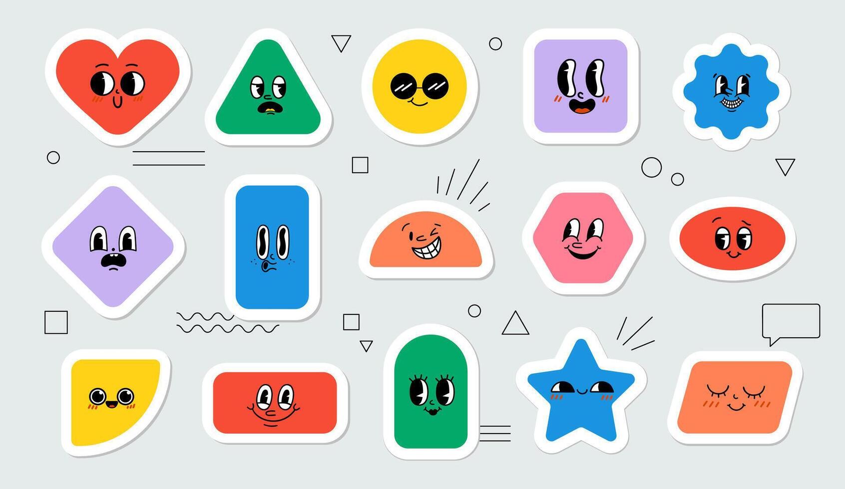 Vector geometric stickers with different facial emotions. Cute cartoon characters.