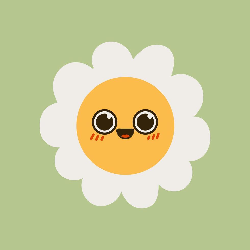 Collection of magnificent chamomile flowers. Retro daisy smiles in cartoon style. Set of happy 70s stickers. Vector graphic illustration in hippe style.