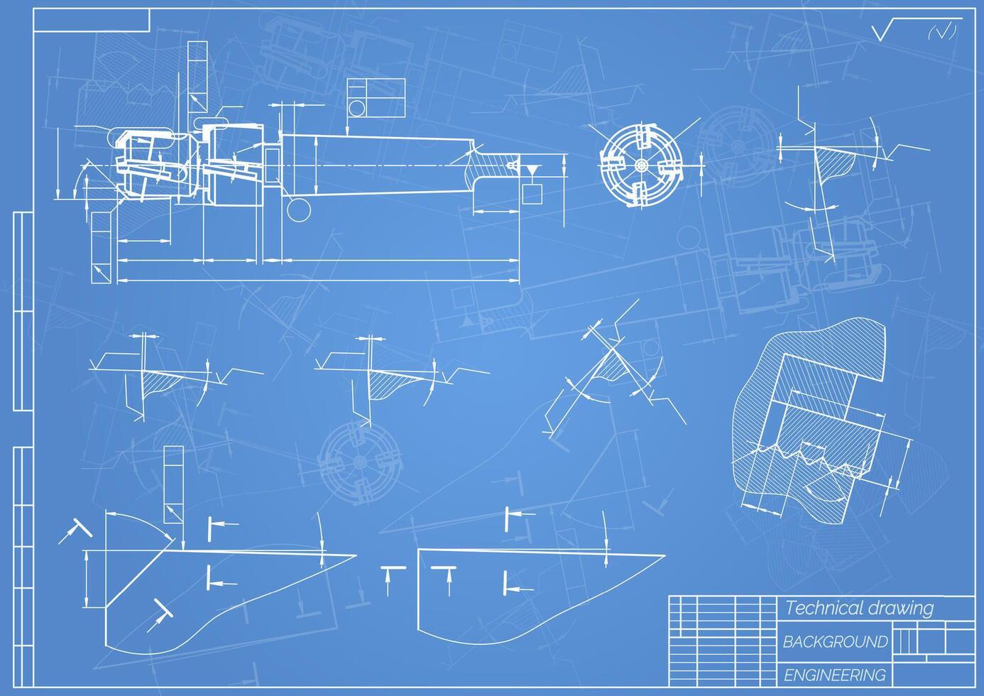 mecánico Ingenieria dibujos en azul antecedentes. grifo herramientas, taladrador. técnico diseño. cubrir. Plano. vector ilustración.