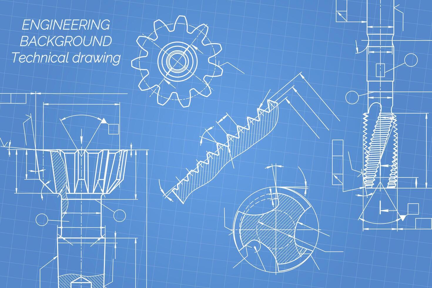 Mechanical engineering drawings on blue background. Tap tools, borer. Technical Design. Cover. Blueprint. Vector illustration.