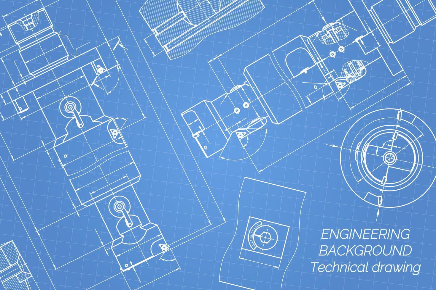 mecánico Ingenieria dibujos en azul antecedentes. grifo herramientas, taladrador. técnico diseño. cubrir. Plano. vector ilustración.