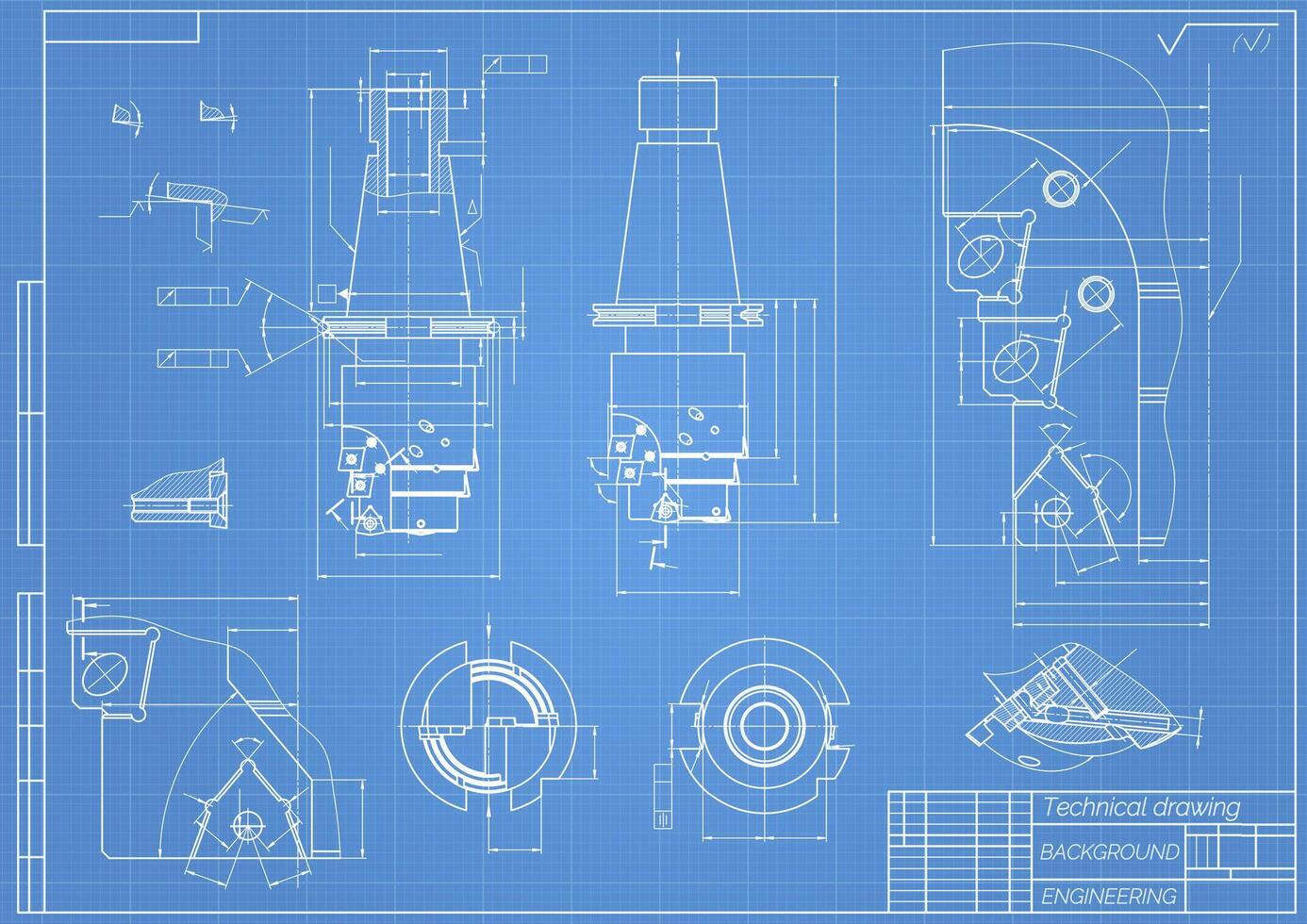 Mechanical engineering drawings on blue background. Tap tools, borer. Technical Design. Cover. Blueprint. Vector illustration.