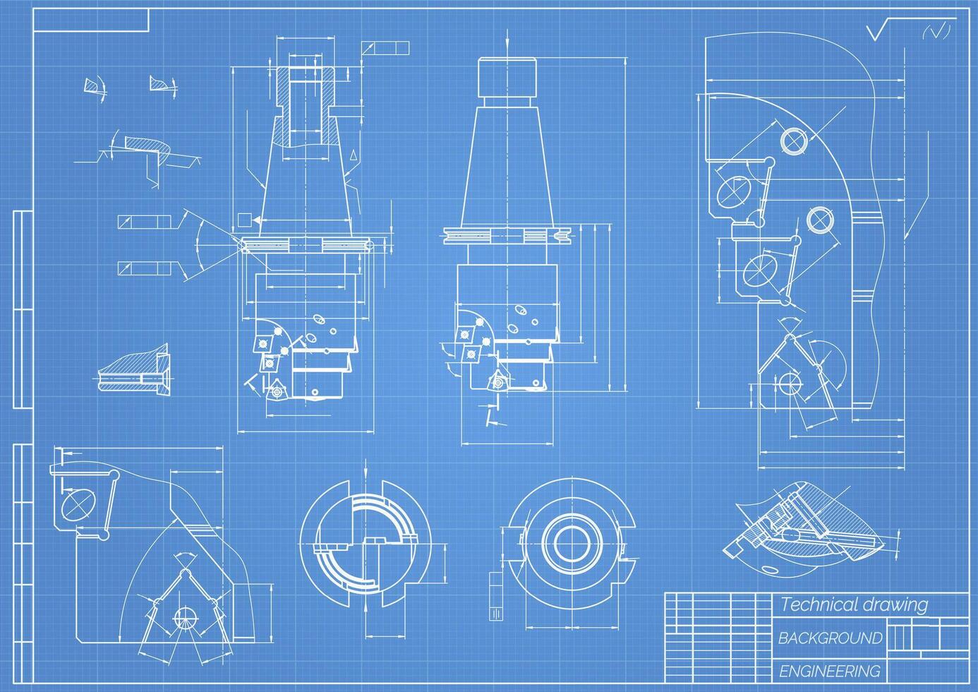 mecánico Ingenieria dibujos en azul antecedentes. grifo herramientas, taladrador. técnico diseño. cubrir. Plano. vector ilustración.