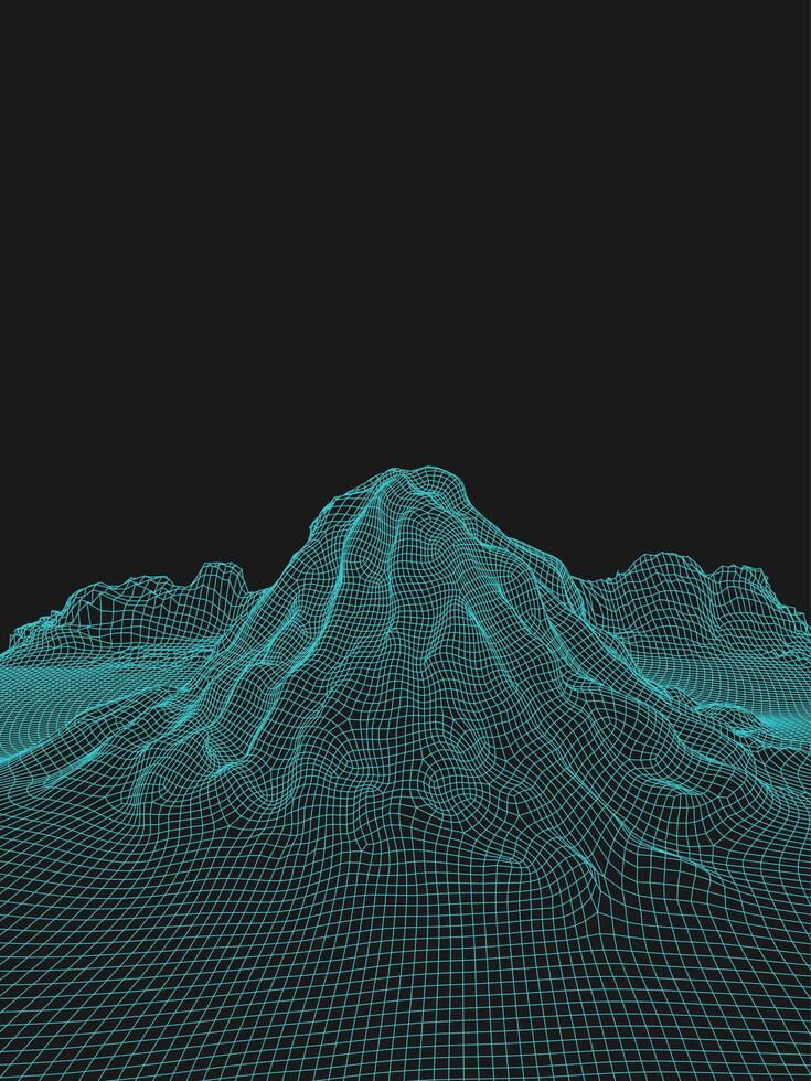 Blue abstract vector wireframe landscape background. 3D futuristic mesh mountains. 80s Retro illustration. Cyberspace technology valleys.