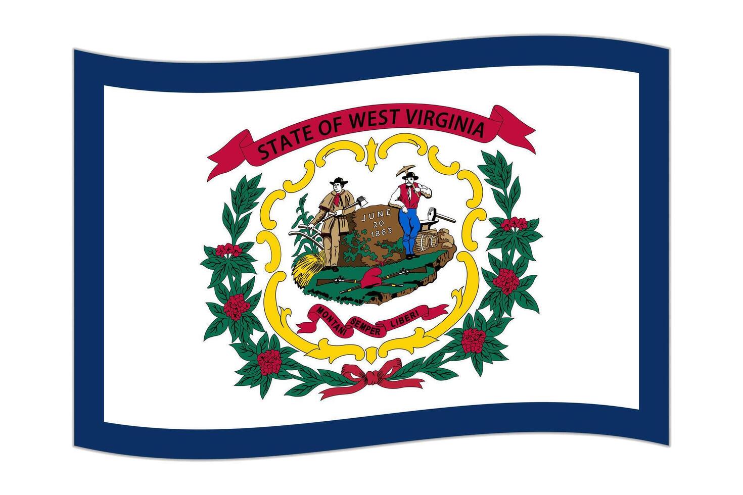 Waving flag of the West Virginia state. Vector illustration.