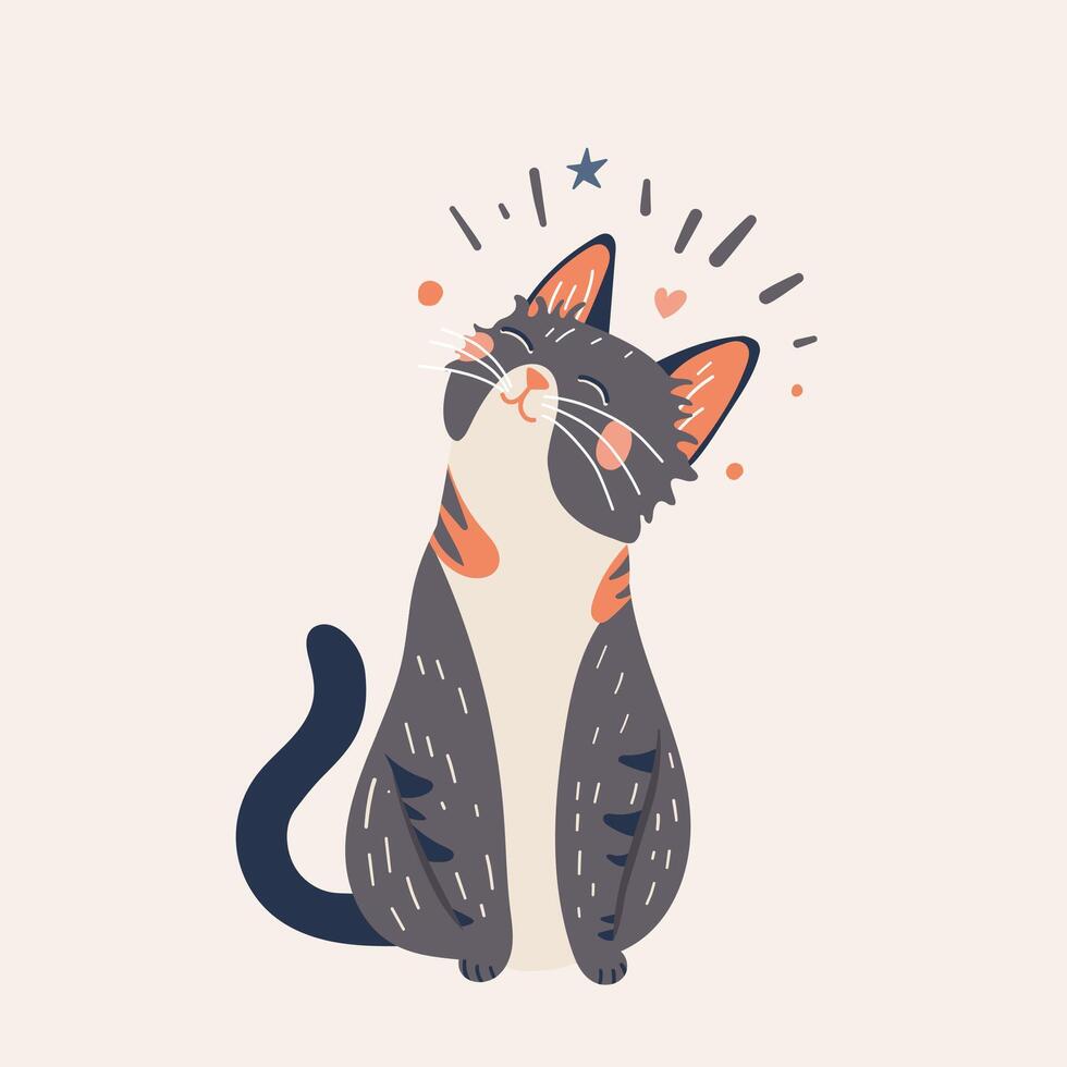 Kitten sitting and dreaming, cute illustration of cat with closed eyes isolated on white background. Vector illustration