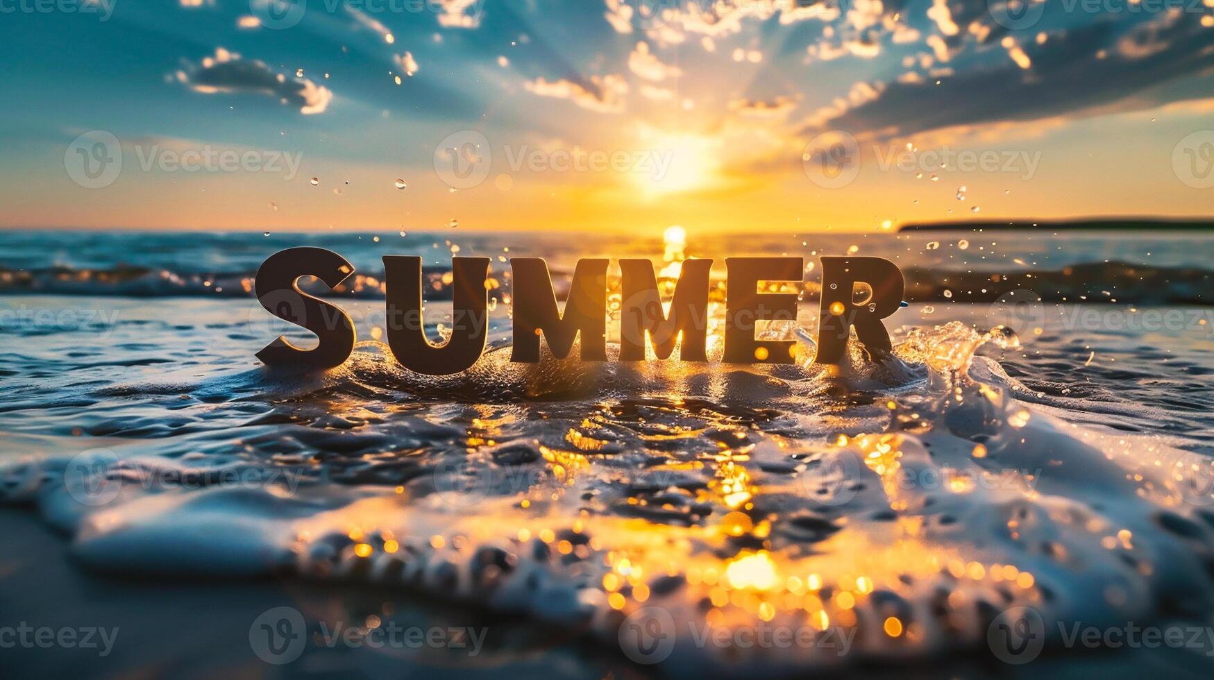 AI generated Word SUMMER on the background of the sea and the sunset. photo