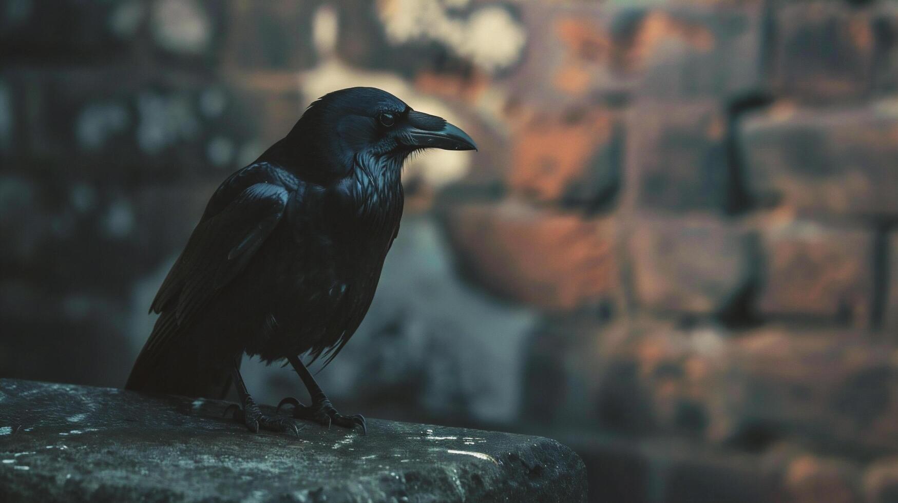 AI generated Black crow sitting on a stone in front of a brick wall photo