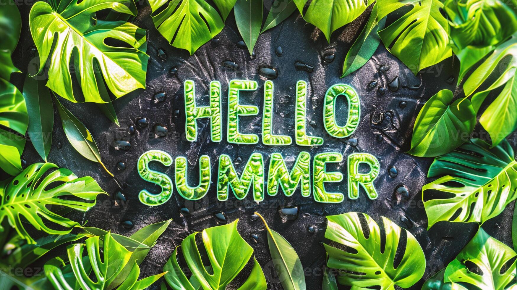 AI generated Hello Summer lettering on black stone background with green tropical leaves. photo