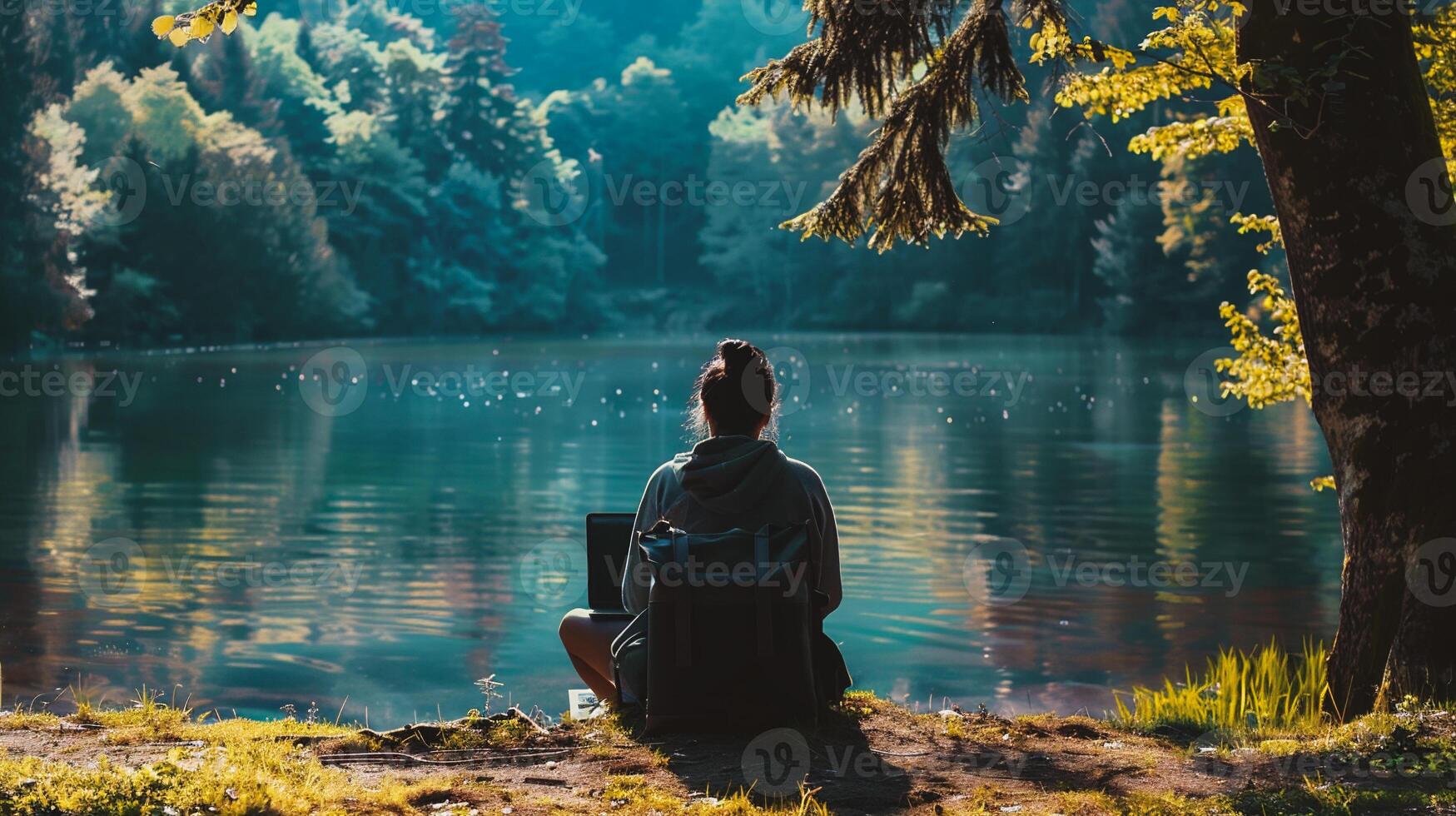 AI generated Woman sitting on a rock by the lake and working on laptop photo