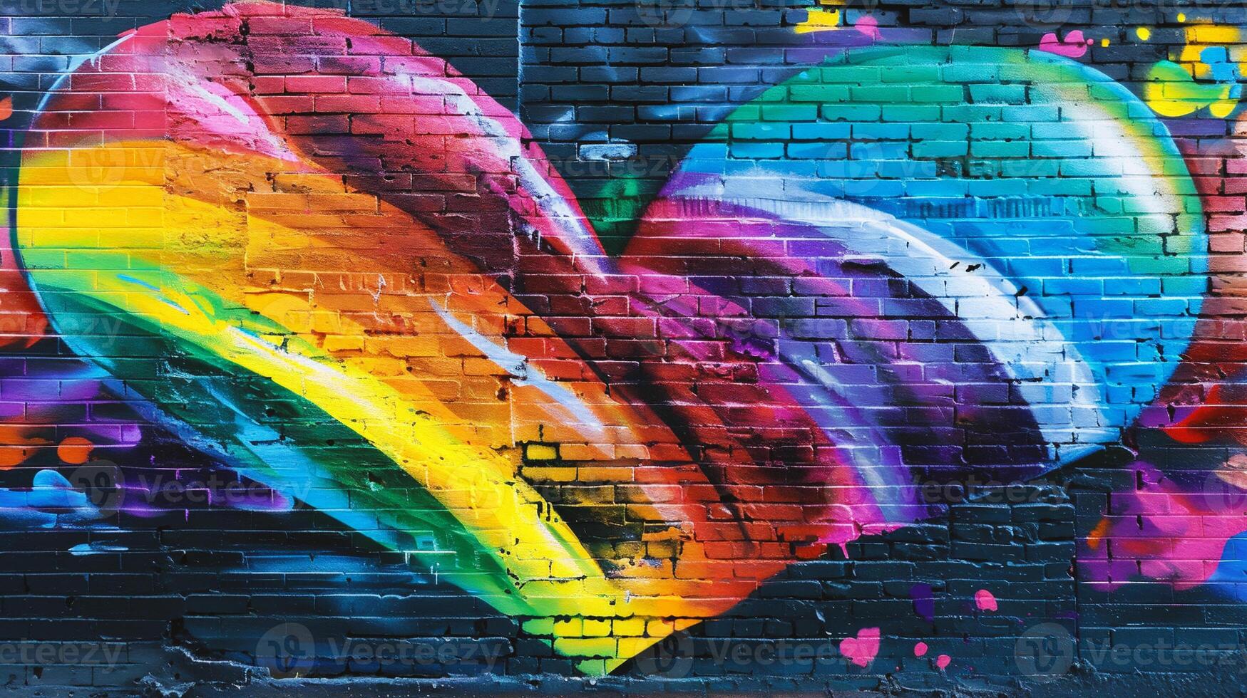AI generated Colorful painted heart on a brick wall. Street art concept. photo