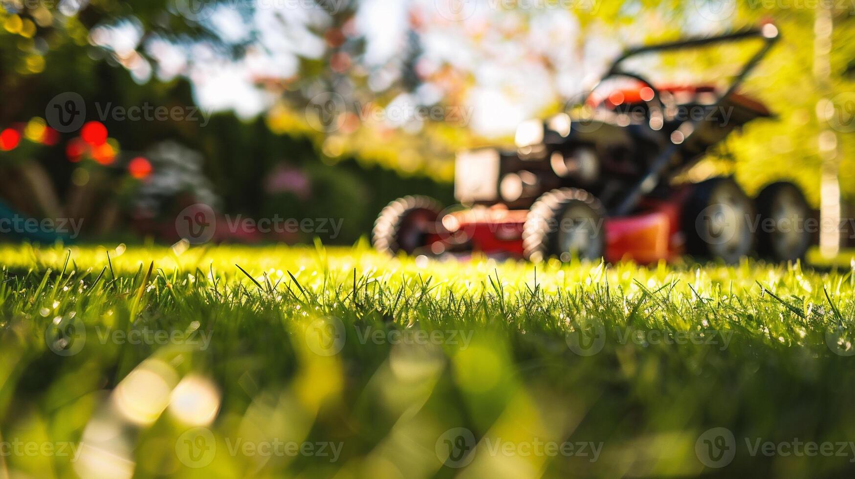 AI generated Lawn mower on green grass in the garden. Gardening concept. photo