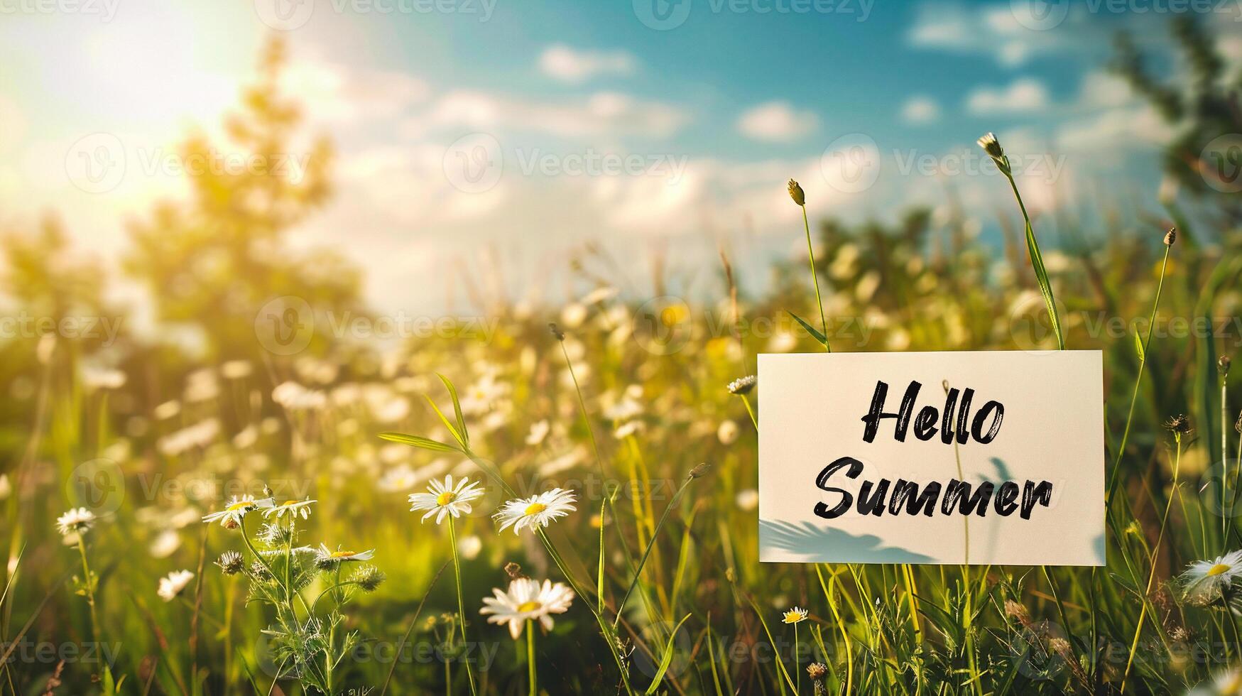 AI generated Hello Summer card with daisies on the meadow at sunrise photo