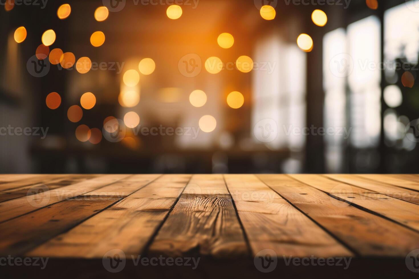 AI generated Empty wooden table and Coffee shop blur background with bokeh photo