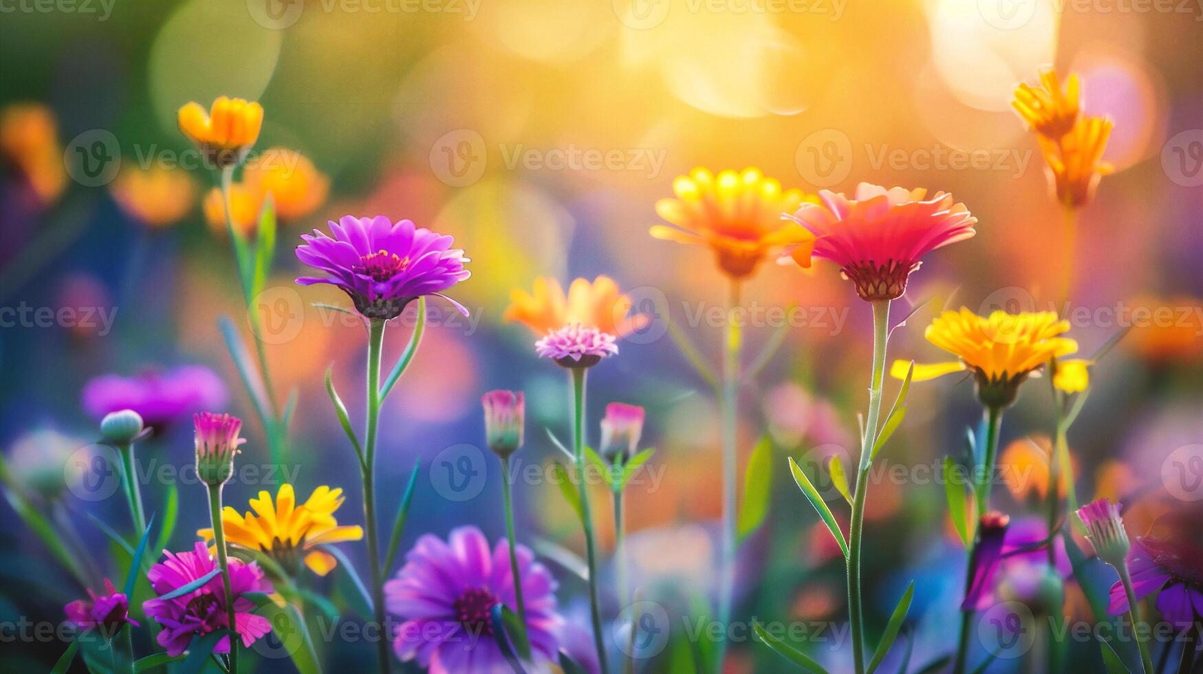 AI generated Colorful flowers in the meadow. Beautiful nature background. Soft focus. photo